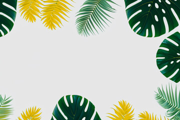 Fototapeta na wymiar Experience a minimal and exotic summer vibe with this creative layout of colorful tropical leaves on a white background, featuring ample copy space.