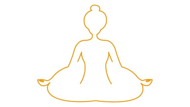 Animated girl is doing yoga sitting in lotus position. Linear orange icon of woman meditates. Line is drawn gradually appearing. Modern design concept of yoga. Vector illustration on white background.