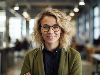 Portrait of happy woman smiling standing in modern office space. Generative AI