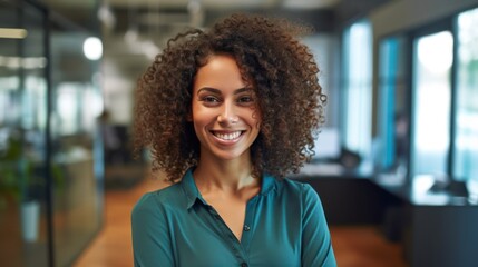 Fototapeta premium Portrait of happy woman smiling standing in modern office space. Generative AI