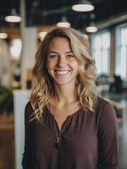 Fototapeta premium Portrait of happy woman smiling standing in modern office space
