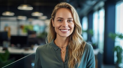 Obraz premium Portrait of happy woman smiling standing in modern office space