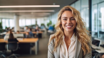 Obraz premium Portrait of happy woman smiling standing in modern office space