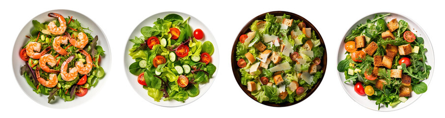 Rich plates of salad from green leaves mix and vegetables with avocado or eggs, chicken and shrimps isolated on transparent background - obrazy, fototapety, plakaty