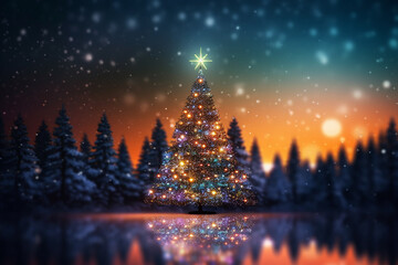 Christmas Tree with Blurred Shiny Lights with space background