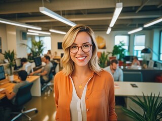 Portrait of happy woman smiling standing in modern office space