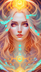 Fototapeta premium analog style, head and shoulders portrait of female mage, attractive, model photoshoot, glowing and swirling aura, flowing robes, detailed face, random colours, hexagons. Generative AI