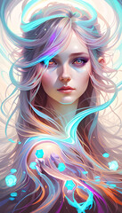 analog style, head and shoulders portrait of female mage, attractive, model photoshoot, glowing and swirling aura, flowing robes, detailed face, random colours, hexagons. Generative AI