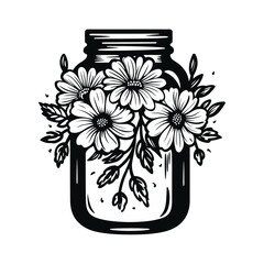 Flowers in mason jar. Vector illustration isolated on white background. 