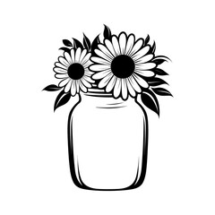 Flowers in mason jar. Vector illustration isolated on white background. 