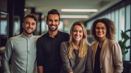 Fototapeta premium Portrait of laughing bussines team standing in office room. Generative AI