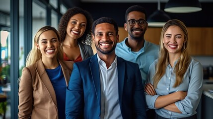 Fototapeta premium Portrait of laughing bussines team standing in office room. Generative AI