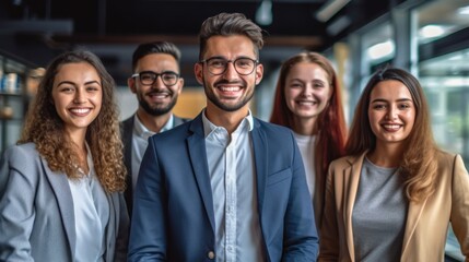 Fototapeta premium Portrait of laughing bussines team standing in office room. Generative AI