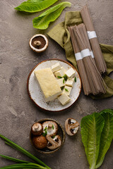 Raw soba noodles and cooking ingredient