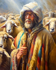 Oil painting of a Shephard standing with a flock of sheep