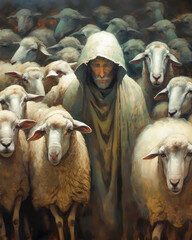 Oil painting of a Shephard standing with a flock of sheep