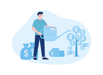 Obraz na płótnie Canvas A man watering a coin tree with a bag of money concept flat illustration