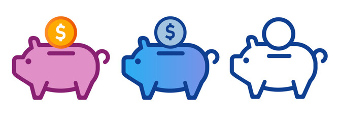 Piggy bank pig toy saving banking symbol cartoon icon set coin dollar money pink blue color