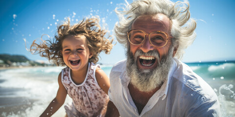 Grandfather and granddaughter having fun on the beach on a sunny day