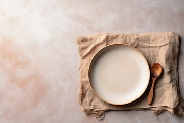 Neutral beige empty ceramic plate, top view