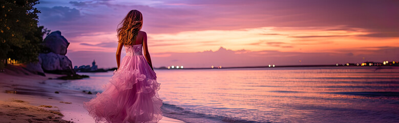 Fototapeta premium A panoramic illustration of a woman walking along a beach at sunset. She's wearing a beautiful flowing pink dress during a summer vacation.