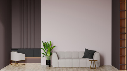 Luxury living room in brown beige colors. Ivory empty walls, warm tone and lounge furniture - taupe chair and rich sofa. Space for art or picture. Mockup home room or lounge hall. 3d render