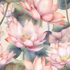 Seamless Lotus Flowers and Buds with Green Leaves for Fabric and Decorative Patterns.  water lily flowers seamless pattern