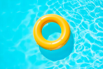 Yellow swimming pool ring float in blue water. AI Generative.