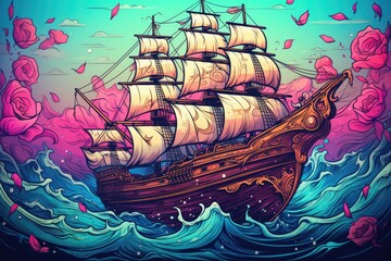 There is a pirate ship on the water. (Generative AI)