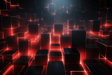 Obraz premium Red neon fluid, glowing futuristic abstract background, swirl, line, boxes, data transfer or equalizer, wallpaper, generative ai