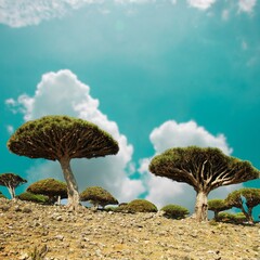 Socotra Dragons Blood Tree (Dracaena draco) Socotra Island. Yemen , Dracaena cinnabari, typical flora, Tenerife island natural symbol