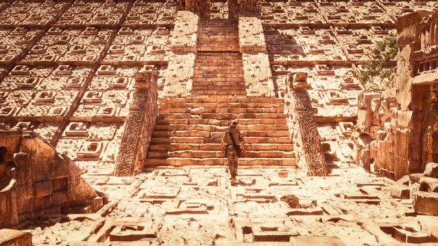 Explorer and archaeologist, worlds disappeared. Ancient civilizations, secrets and mysteries. Temples and structures. Discoveries of buildings from the past. Archeology and studies. Adventure. 3d