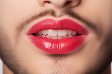 Close up of man face with red lipstick and beard