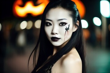 Halloween concept. Asian woman with scary make-up, gothic dress, on the street at night