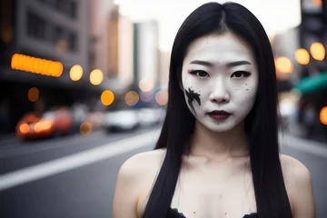 Tuinposter Halloween concept. Asian woman with white makeup, black wounds, on the city street © BoTanya