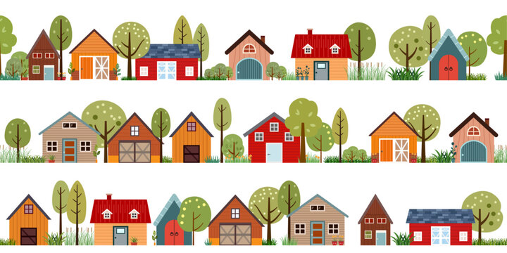 frame border landscape barn farm, house and tree greenery vector icons in a row.  illustration seamless