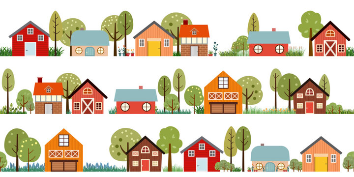 seamless vector banner with rural panoramic scene. countryside village with farm, meadow, barn, houses, trees abstract background
