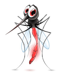 Funny hungry thin mosquito cartoon with stomach ache