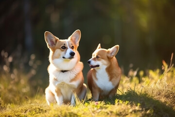Naklejka na ściany i meble Cute fluffy friends corgi dogs spend time together at sunny summer garden. Generated ai