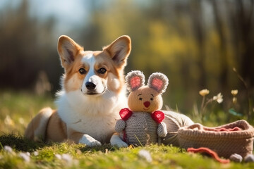Cute corgi dogs sit together outdoor, knitted red and pink hearts around. Generated ai.