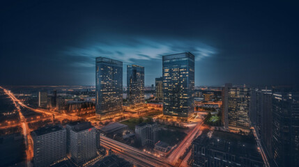 Fototapeta na wymiar Modern city. Evening illumination. High buildings. Beautiful sky. Interesting city architecture