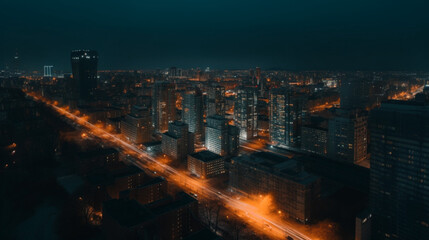 Obraz premium Modern city. Evening illumination. High buildings. Beautiful sky. Interesting city architecture