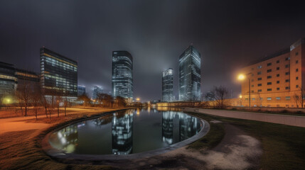 Fototapeta premium Modern city. Evening illumination. High buildings. Beautiful sky. Interesting city architecture