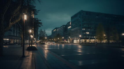 Fototapeta premium Modern city. Evening illumination. High buildings. Beautiful sky. Interesting city architecture