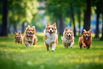 Obraz premium A large group of dogs running in the summer through the green valley. Generated ai