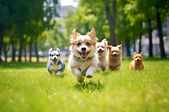 A large group of dogs running in the summer through the green valley. Generated ai 
