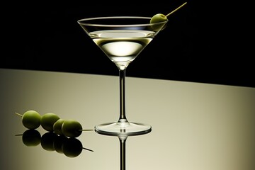 Glass of a white martini with olives on toothpicks on a mirroring table and dark backround - obrazy, fototapety, plakaty