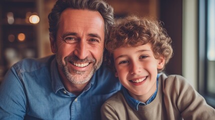 Fototapeta premium Happy Father Day. Father and son smiling happily. Generative AI