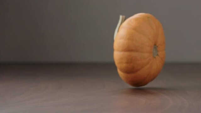 Slow motion small orange pumpkin rolling in frame on walnut table with copy space