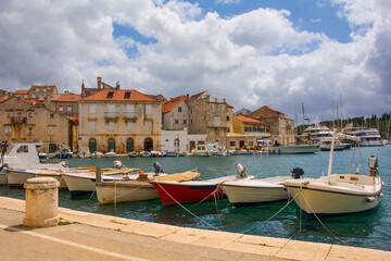 Fototapeta na wymiar The harbour of Milna Village on the west coast of Brac Island in Croatia